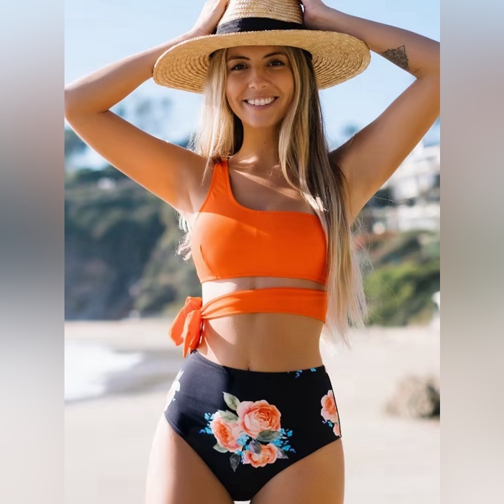Cupshe Orange And Floral One Shoulder Tied Bikini - M